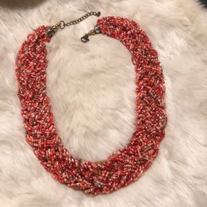 Braided beaded red , pink stone necklace